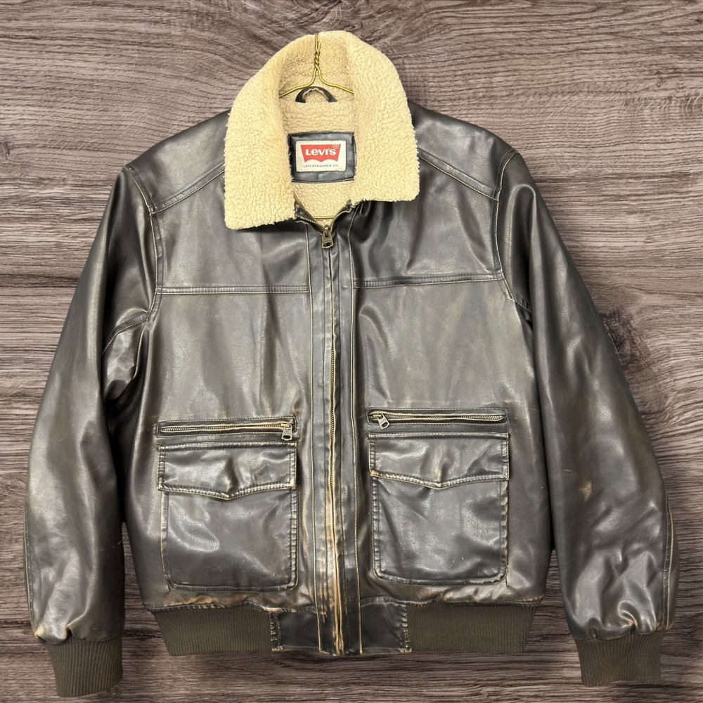 Levis Faux Leather Sherpa Lined Bomber Jacket Mens Large Dark Brown LM3RU942
